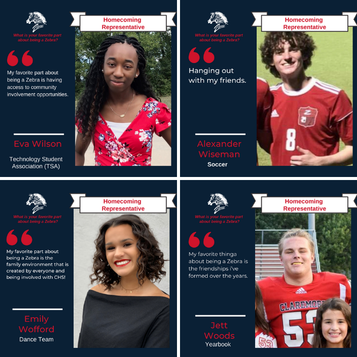 It's Homecoming Week at CHS and the red carpet is rolling out as they present the 2020 homecoming representatives. These young people are woven in the fabric and culture of what it means to be a Zebra, so over the next few days, CHS will feature each of these representatives and tell you what their favorite part of being a Zebra is to them. DAY 4 ⭐ Taylor Morris - World Language Club ⭐ Hope Mallory ⭐ Eva Wilson - TSA ⭐ Alex Wiseman - Soccer ⭐ Emily Wofford - Dance ⭐ Jett Woods - Yearbook