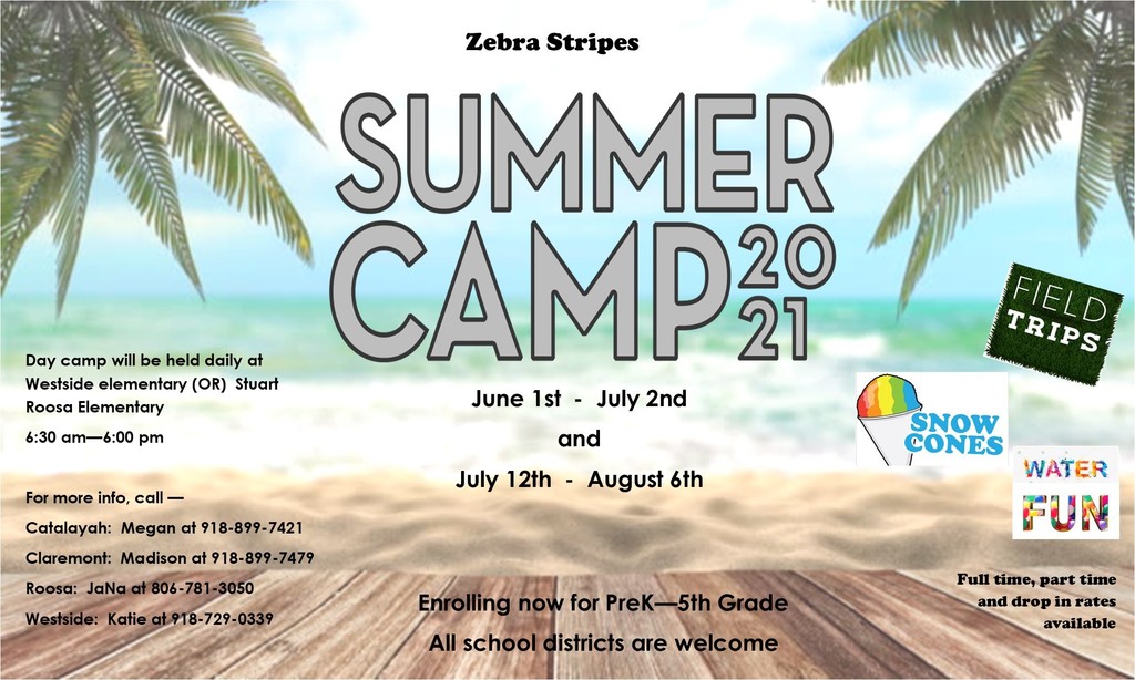 Zebra Stripes Summer Camp enrollment is open! The enrollment form can be found here: https://core-docs.s3.amazonaws.com/documents/asset/uploaded_file/739238/2021_Summer_Zebra_Stripes_Enrollment_Packet_.pdf Questions? Reach out to our Zebra Stripes Coordinator, Madison at 918-923-4304 my cell phone at 918-899-7479, or the zebra stripes email at clezs@claremore.k12.ok.us #CPSZEBRAPRIDE