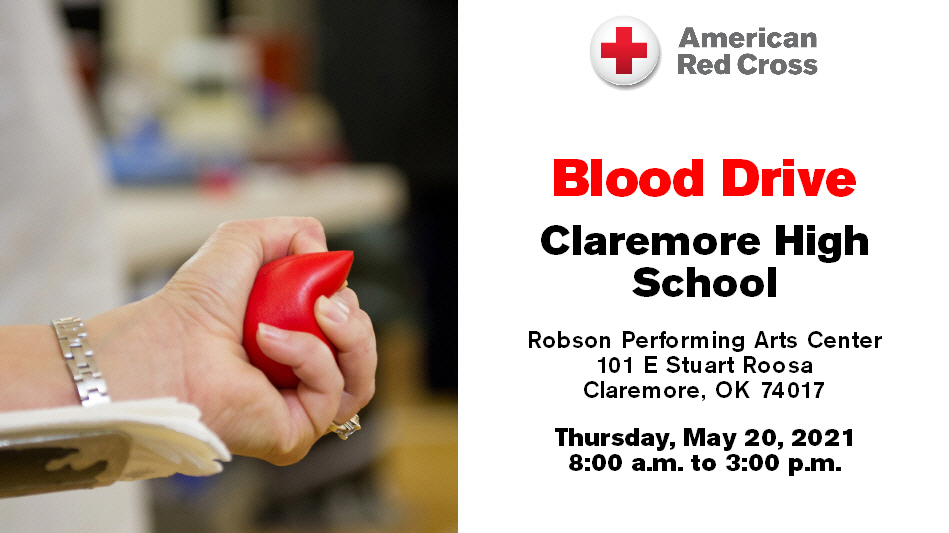 Please join us for a blood drive at Claremore High School, hosted by StuCo, on Thursday, May 20, 2021, from 8:00 a.m. to 3:00 p.m. Visit RedCrossBlood.org to schedule an appointment. #CPSZEBRAPRIDE