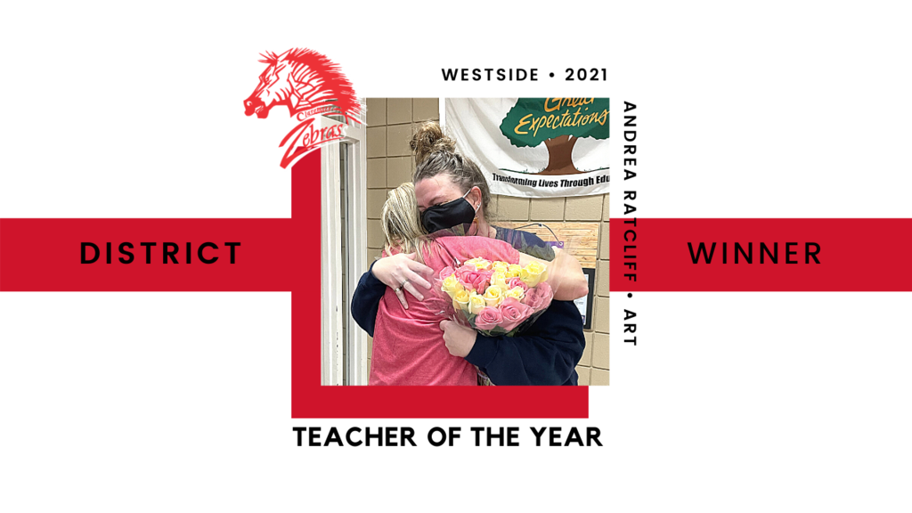 Itβs Back-to-Back Teacher of the Year for Westside Elementary. Congratulations Mrs. Ratcliff, Westside Art teacher! You can tell by her emotional reaction that she is a model teacher who cares for her students and her peers.