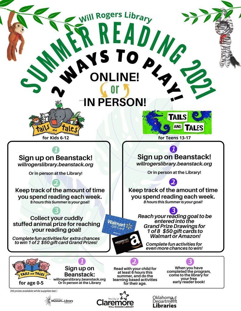 Keep those reading skills engaged, inspire the imagination, travel the world with the Will Rogers Library Summer Reading program that begins TODAY! There are some awesome prizes too! Sign up here: https://www.claremorecity.com/550/Summer-Reading-Program #CPSZEBRAPRIDE