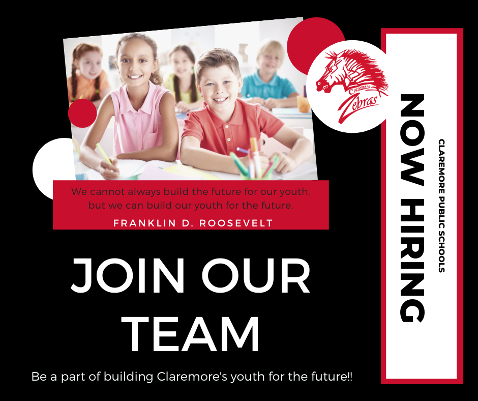Claremore Public School is NOW HIRING dynamic and passionate teachers to be a part of our teaching team. THIS JUST IN: 4th grade just opened up at Claremont Elementary! Apply at: www.claremore.k12.ok.us/employment #CPSZEBRAPRIDE