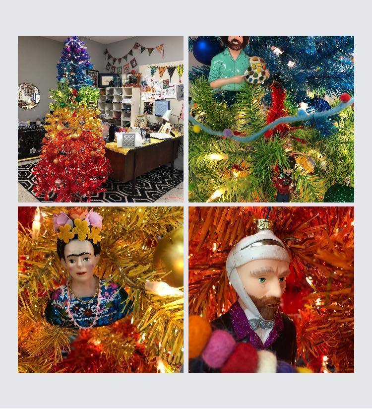 varied color Christmas tree w/ artist orniments
