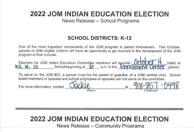 JOM Indian Ed Committee Election flyer election details