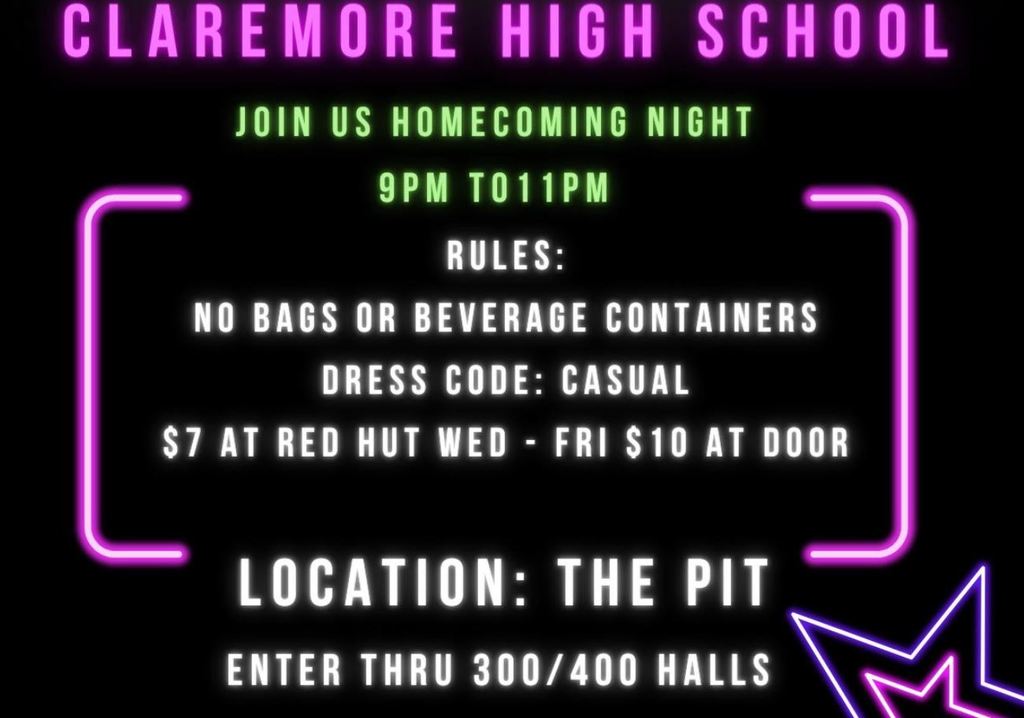 There will be a Homecoming Dance after the football game on Friday, Sept. 22 from 9PM-11PM in the PIT at CHS (enter through the 300/400 hall doors).  Tickets will be sold Wednesday-Friday for $7 at the Red Hut.  Tickets will be $10 at the door.  Dress is casual.  Please note.....there will be no bags allowed. StuCo sponsor: J. Bongard-Travis