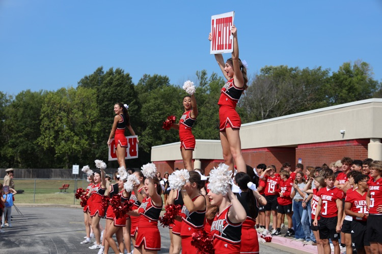 Cheerleaders cheering on the sidelines