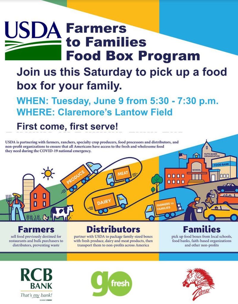 TODAY - Together with Go Fresh and RCB, CPS  will be distributing boxes of fresh fruit 🍎🍏 and dairy 🧀🥛 to any Claremore Public School family from 5:30 PM - 7:30 PM (or until supplies last) at Lantow Field.    Please enter the campus off Stuart Roosa between the tennis courts and the new gym.  Follow the cones and directions to the entrance of Lantow Field and exit out onto Sioux.   #CPSZEBRAPRIDE