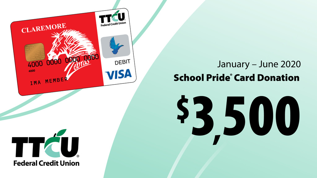 We recently received our School Pride® check donation from TTCU Federal Credit Union for the first half of 2020. Thanks for swiping your TTCU debit card and giving back to our district. If you don't have one, get yours today!